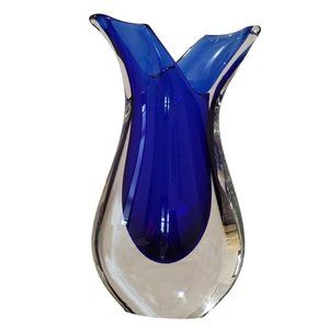 Original Murano Thick Blue/White Wing Fishtail Sommerso Art Glass Vase